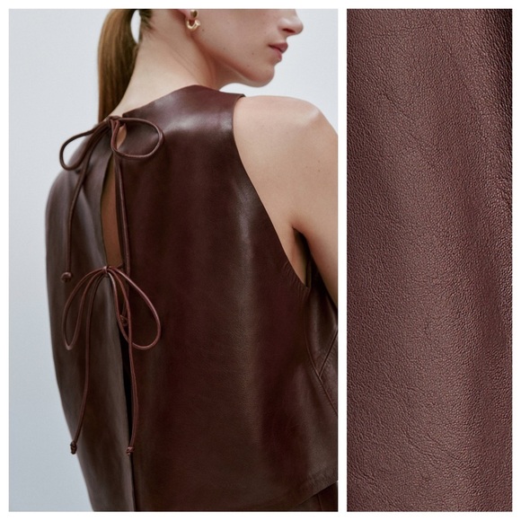 NWT. Massimo Dutti Limited Edition Brown Nappa Leather Top. Size M-L. - Picture 3 of 11